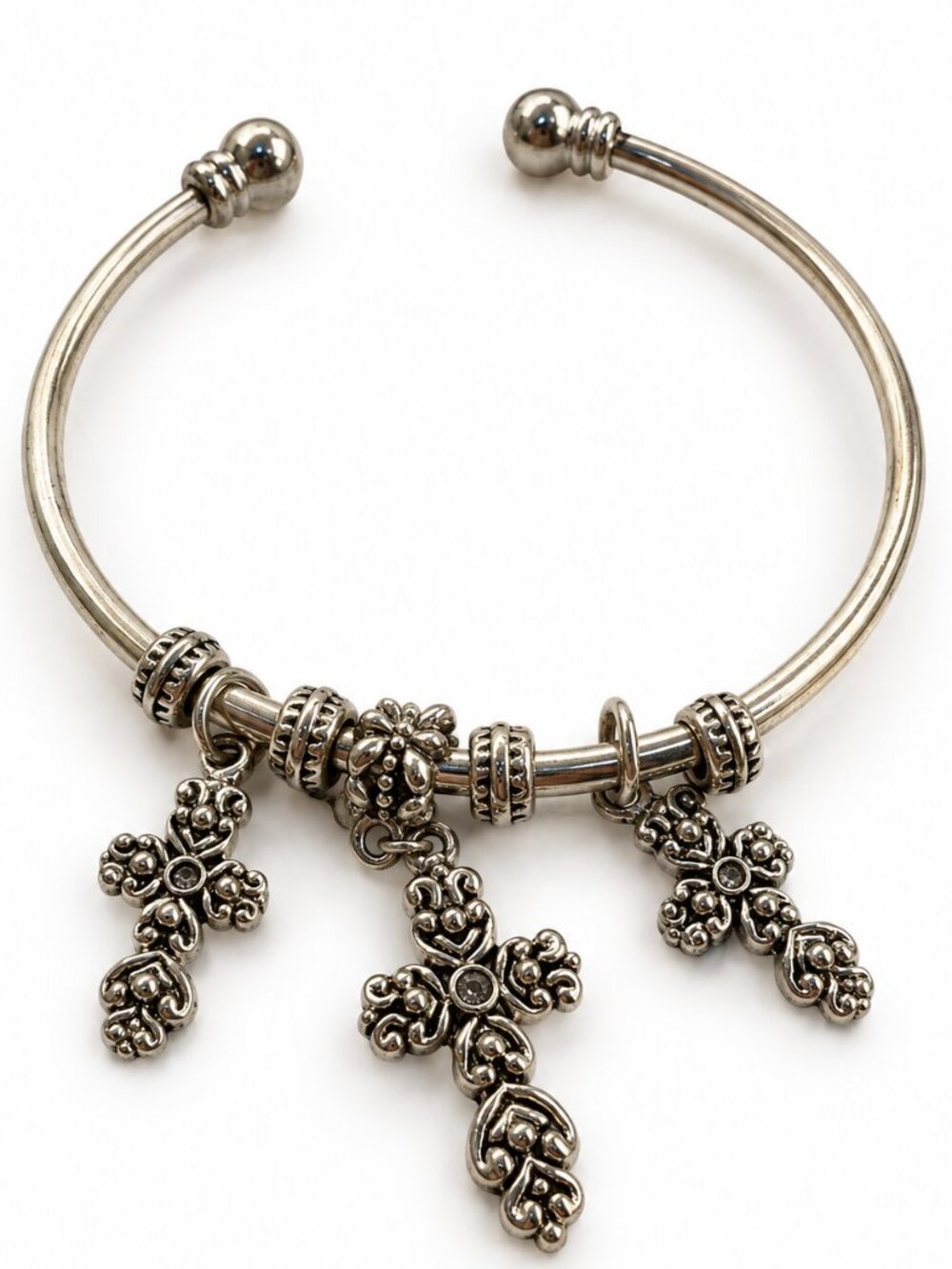 Silver Tone Cross Charm Open Cuff Bracelet Filigree Boho